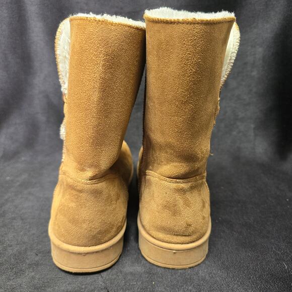 Faux Fur Tan / Brown Suede Upper Fur Lining Mid Calf Slip On Boot Shoes Size 7 - Picture 4 of 10